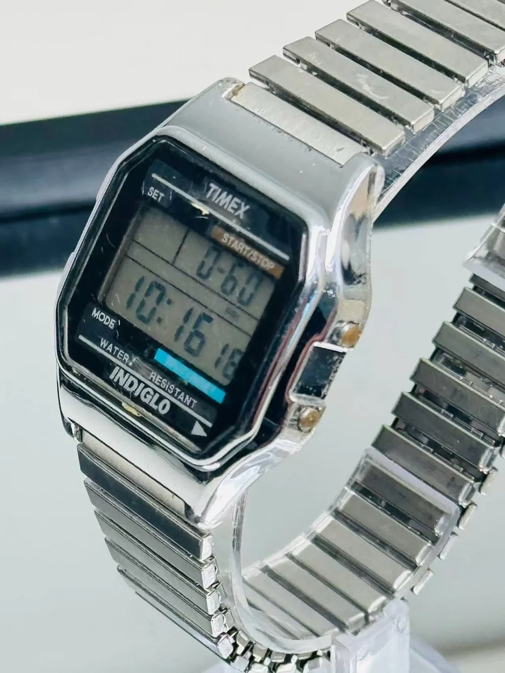 Timex Silver Digital Indiglo Watch with Black Dial Accents